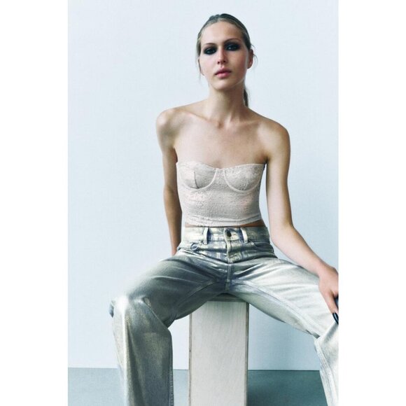 NWOT Zara champagne ecru sequin embellished corset crop top, XS, S, M, or L - Picture 3 of 16